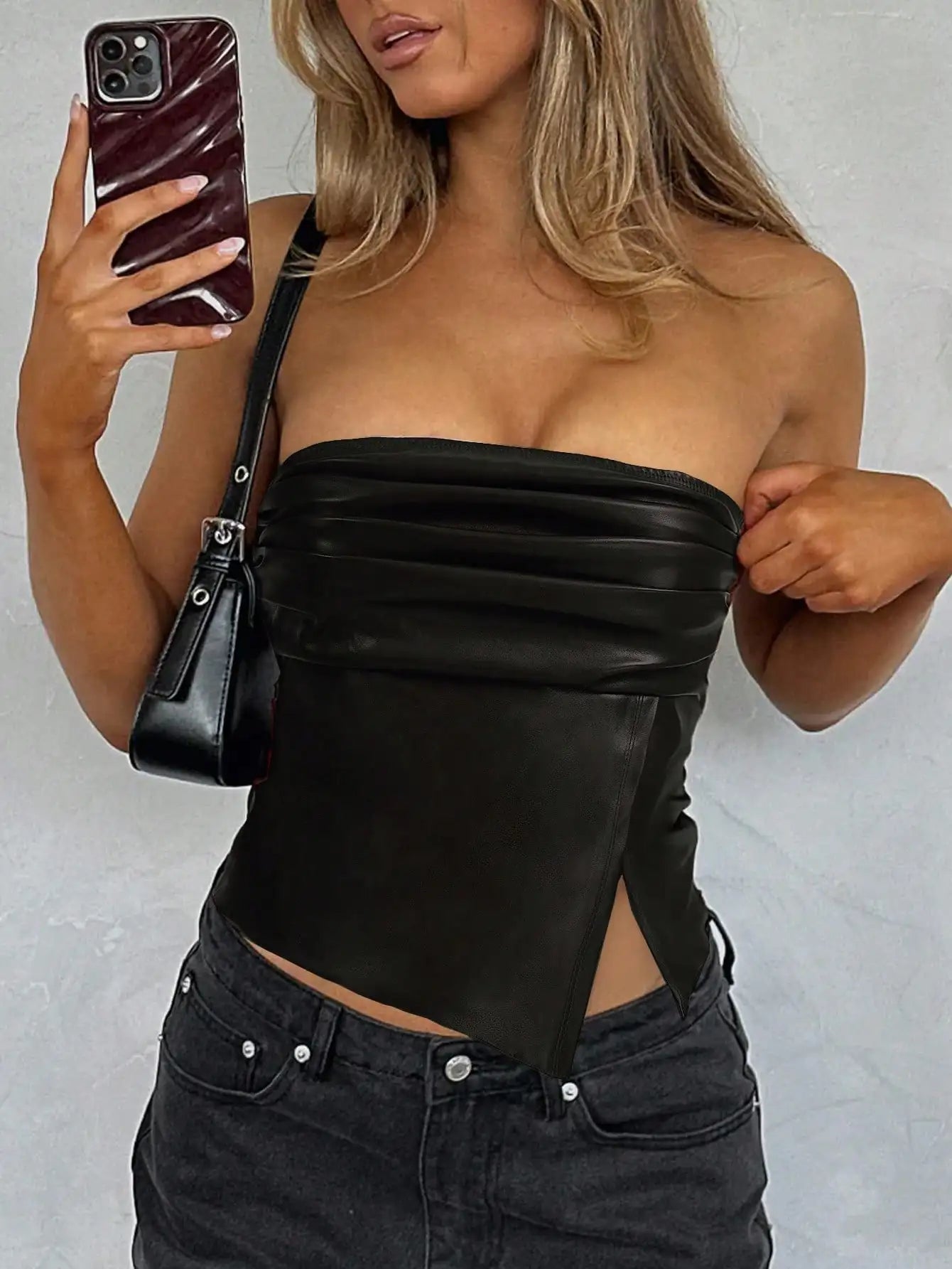 Leather Ruched Asymmetric Tube Top