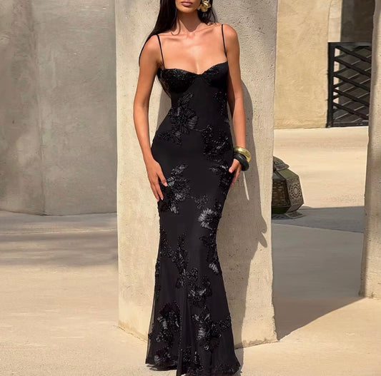 Backless Lace-Up Embroidered Maxi Dress