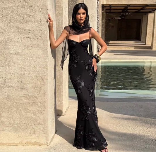 Backless Lace-Up Embroidered Maxi Dress
