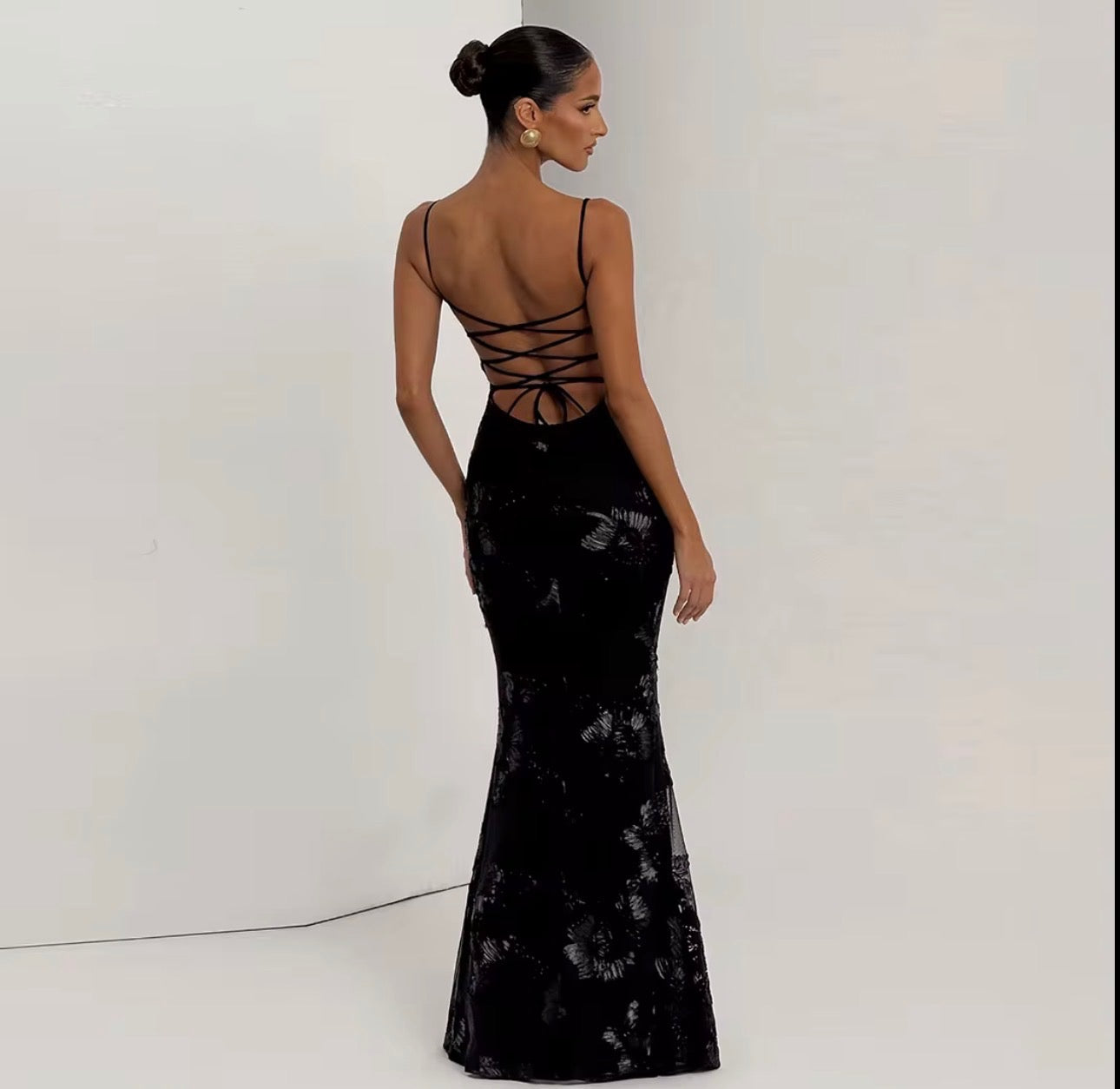 Backless Lace-Up Embroidered Maxi Dress