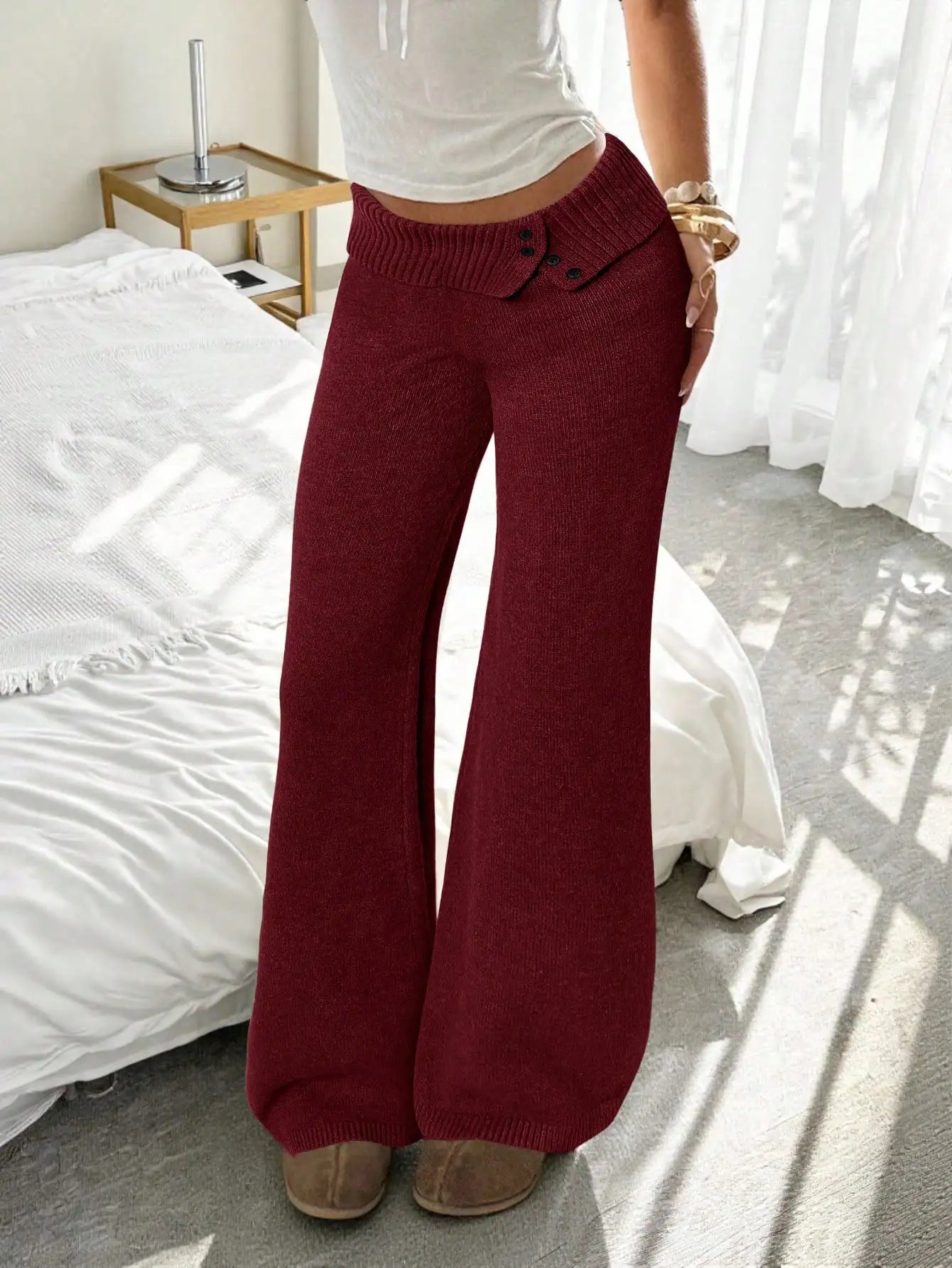 White Knit Flared Pants
