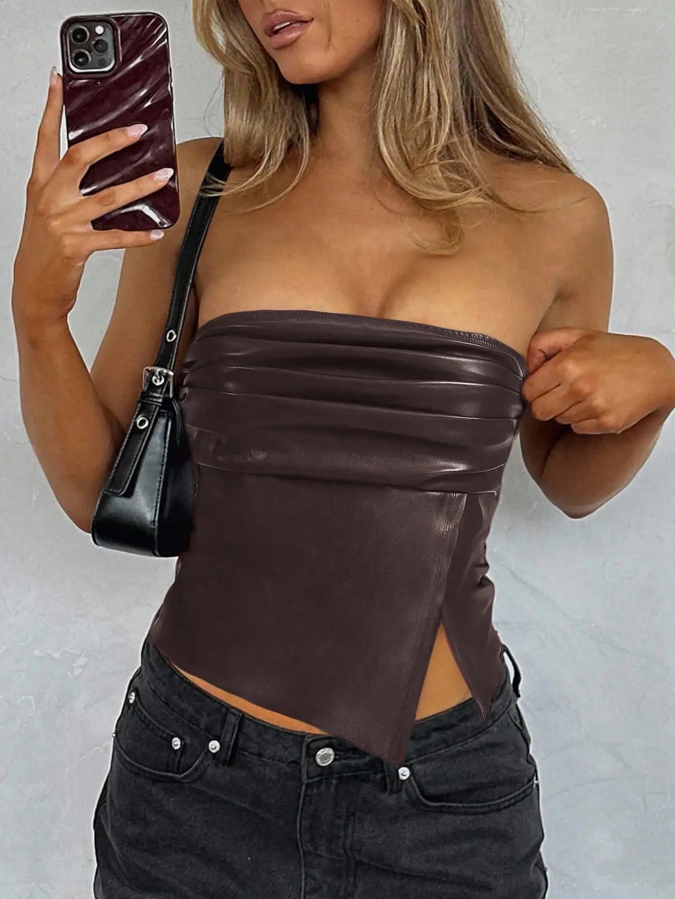 Leather Ruched Asymmetric Tube Top