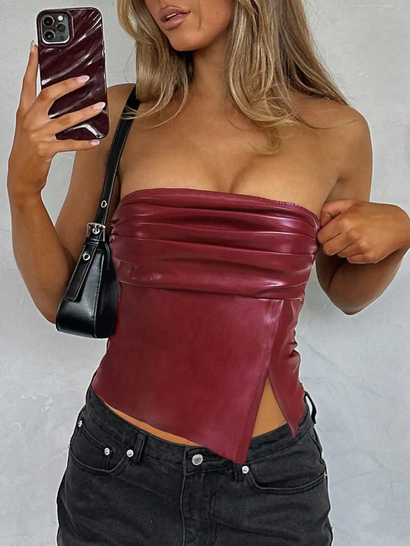 Leather Ruched Asymmetric Tube Top