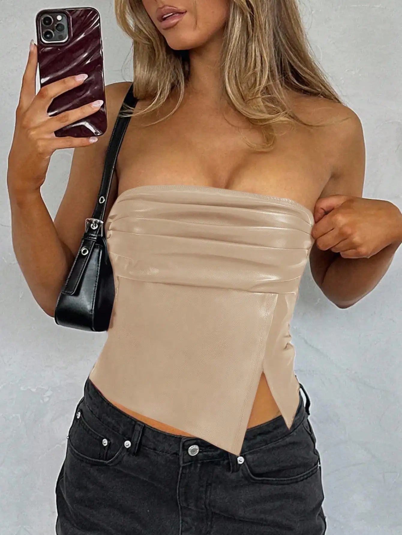 Leather Ruched Asymmetric Tube Top
