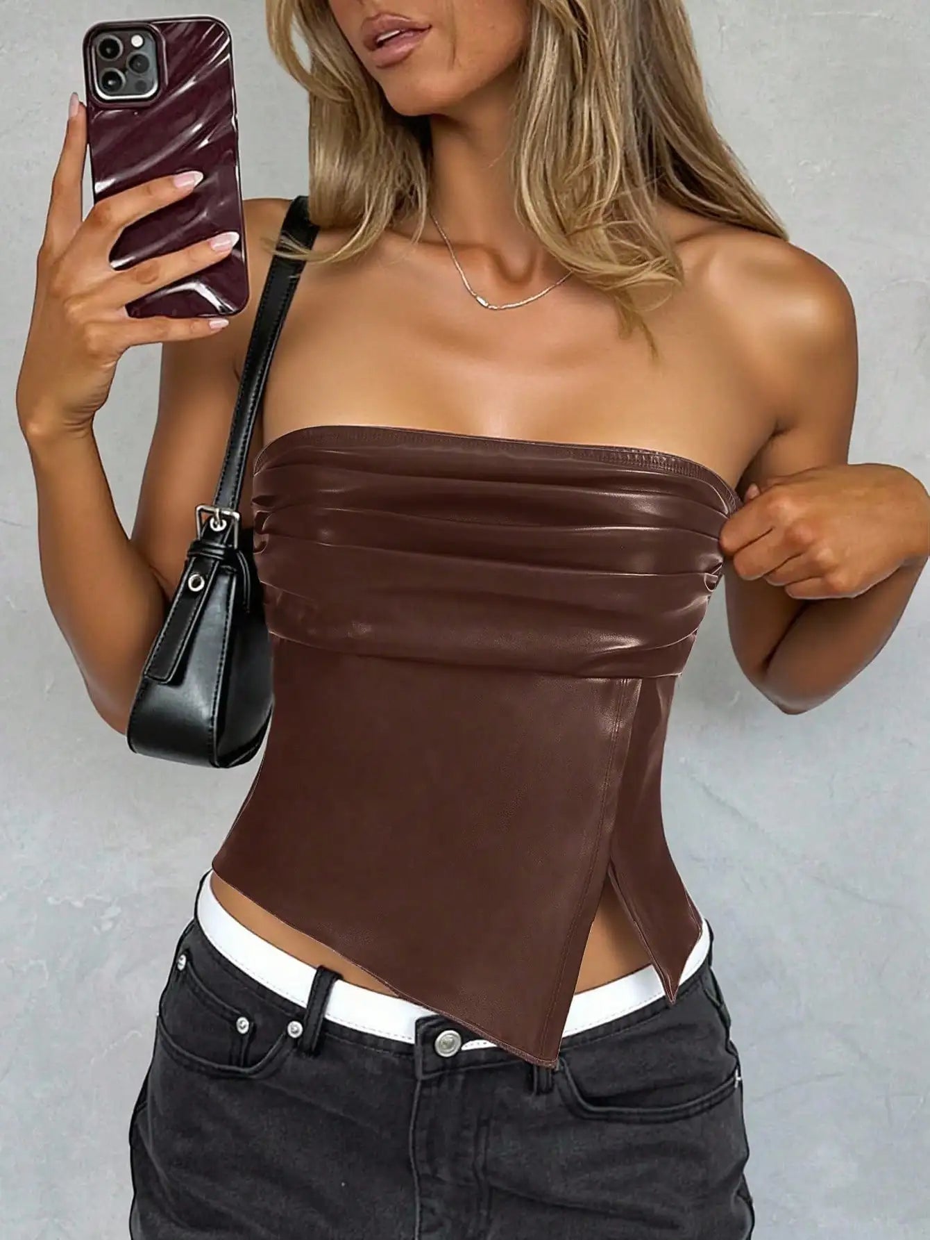 Leather Ruched Asymmetric Tube Top