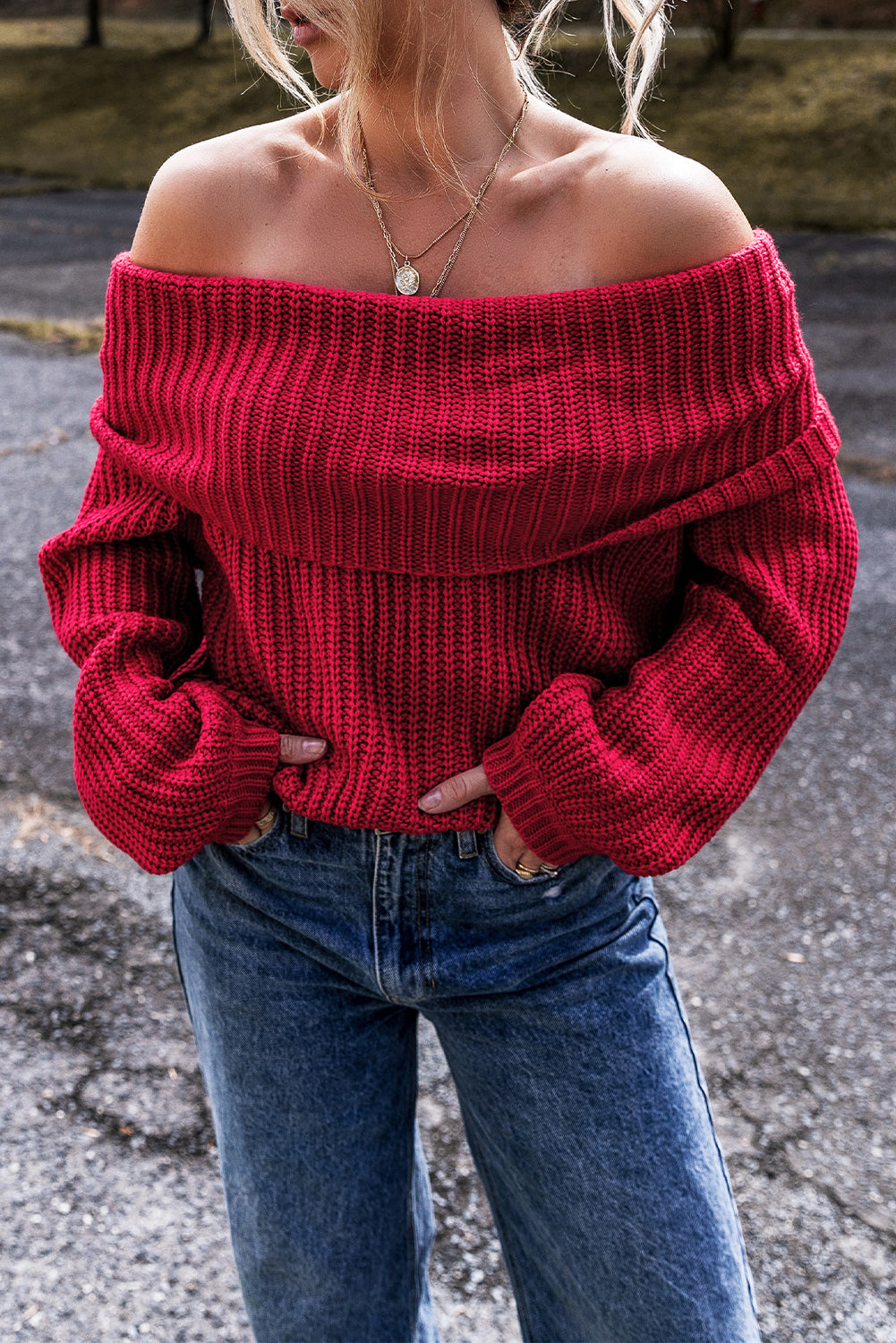 Red Off-the-shoulder Knit Sweater